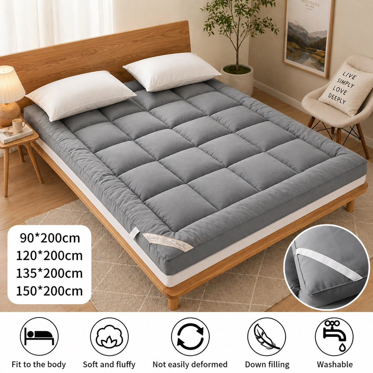 4"inch MATTRESS TOPPER Deep Hotel Quality Microfiber White/Grey
